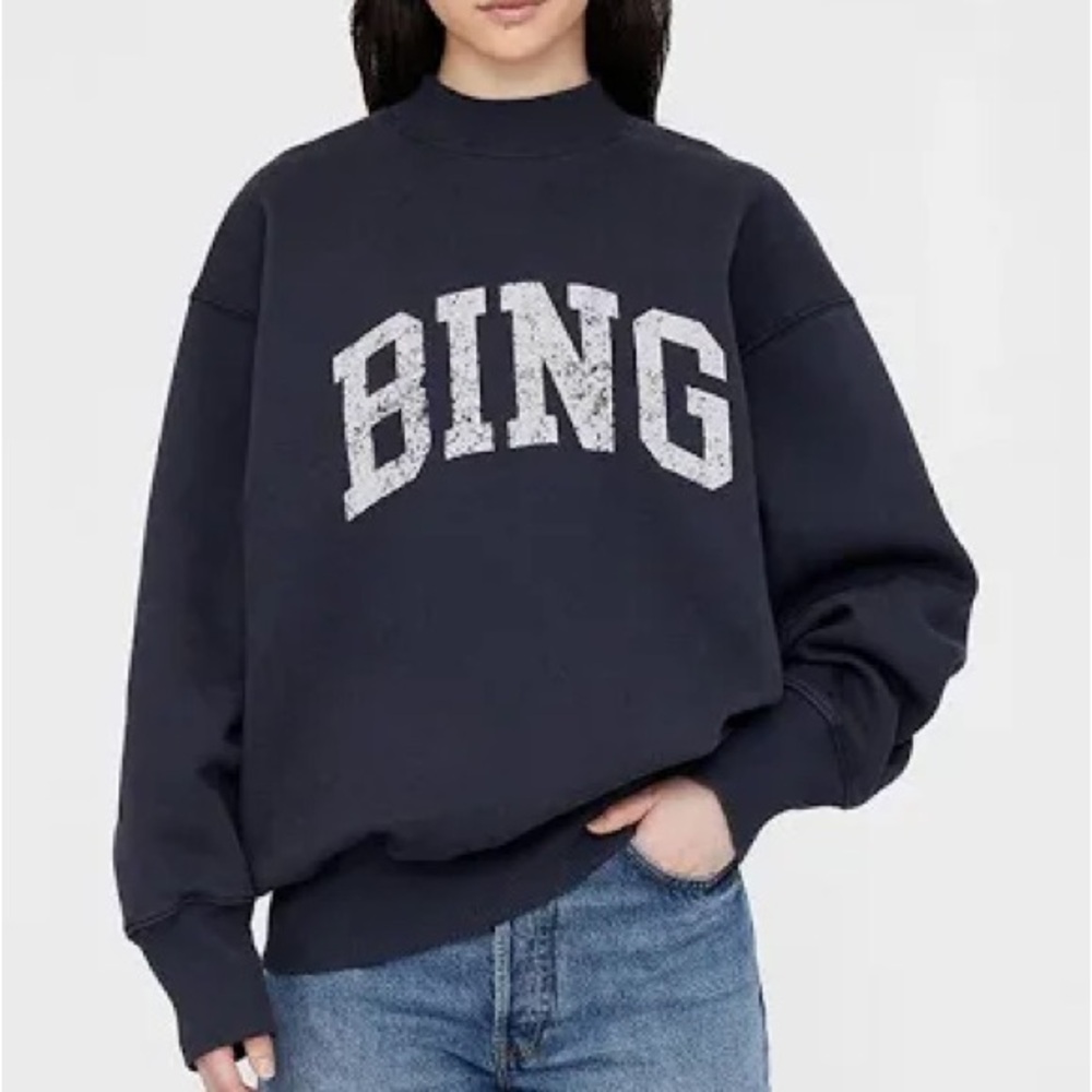 Anine Bing Navy Crewneck Sweatshirt with White Logo
